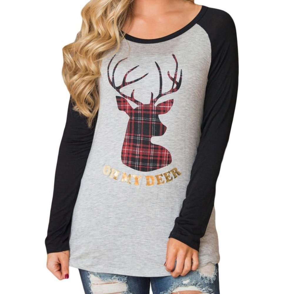 Oh My Deer Long Sleeve Plaid Deer Raglan Shirt